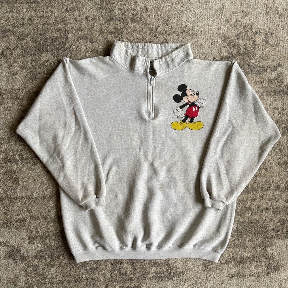 Vintage 90s Disney Design Mickey Mouse Heathered Gray Made In USA Quarter-Zip